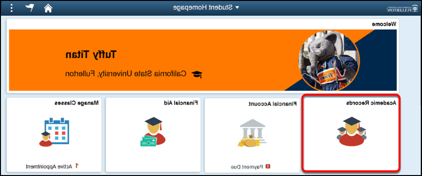 Image of the student portal with the academic records tile highlighted in red